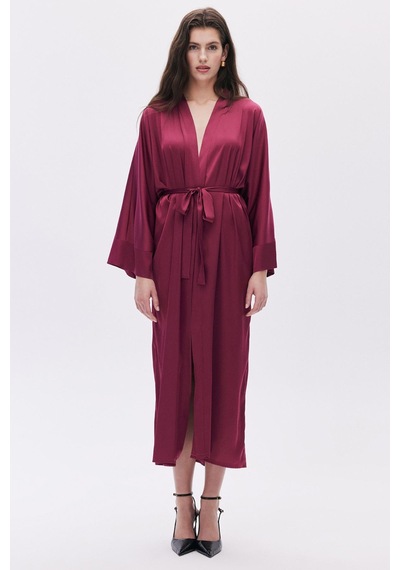Frappant Bordo Uzun Saten Sabahlık / Kimono Bordo