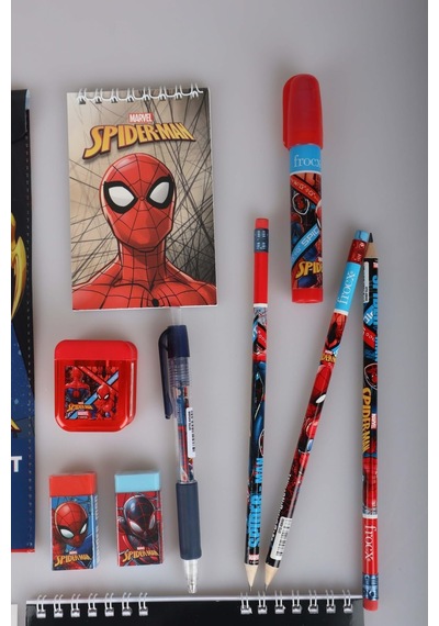 Spiderman Lisanslı 14 Parça Kırtasiye Seti, Çıtçıt Dosya, Okul Etiketi, Bloknot, Kurşun Kalem, Kırmızı