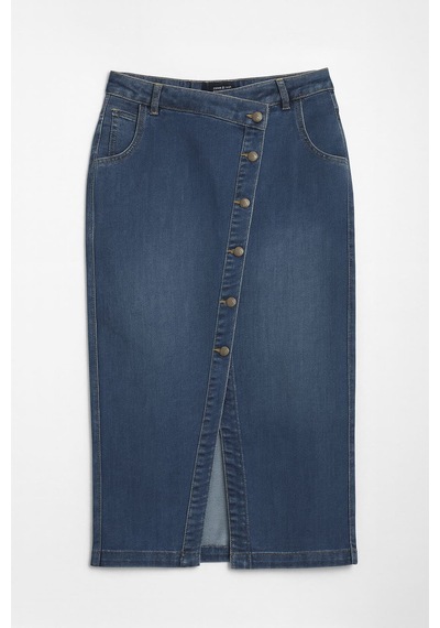 Banny Jeans Önü Yan Düğmeli Midi Boy Likralı Jean Etek Lacivert