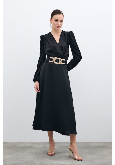 Sateen Bel Aksesuarlı Saten Krep Etek - Siyah-135688 Siyah