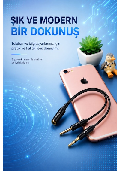 1 Dişi 2 Erkek 3.5mm Aux Kulaklık Ve Mikrofon Ses Ayırıcı Kablo - 1x 3.5mm Dişi To Erkek 2x 3.5mm Siyah
