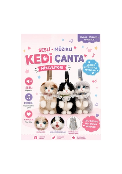 Sesli Miyavlayan Peluş Kedi Çanta Çok Renkli