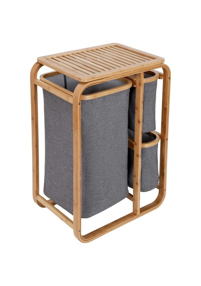 Kirli Çamaşır Sepeti Ahşap - Bambu 3 Organizer Bölmeli Kumaş Çantalı 50x30x70cm Çok Renkli