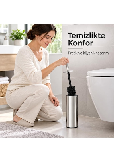 Paslanmaz Çelik Tuvalet Fırçası, Kapaklı Wc Fırçası Seti, Gümüş Renk, Modern Banyo Ve Tuvalet Aksesuarı, Tuvalet Fırçası Beyaz - Çok Renkli