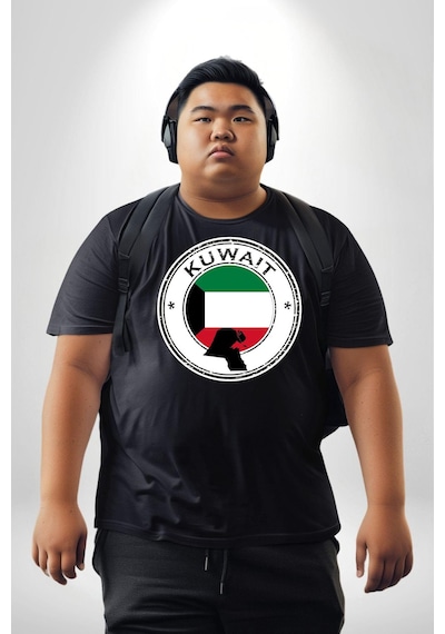 Angemiel Kuveyt Bayrağı Siyah Büyük Beden Erkek Kadın Unisex Basic Ön Baskılı Tişört Siyah
