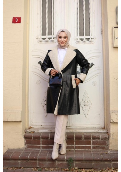 Harman Butik Kadın Kürklü Panzot Deri Kaban Siyah Siyah