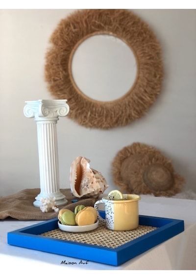 Rattan Hazeran Kare Tepsi Alaçatı Mavisi %100 Doğal Hazeran M028