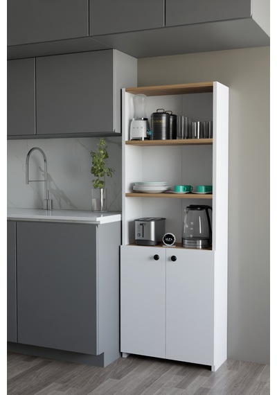 Kapaklı Çok Amaçlı Mutfak Dolabı 150x50x22 Cm - Raflı Erzak Dolabı Modern Depolama Ünitesi Beyaz - Atlantik Çam