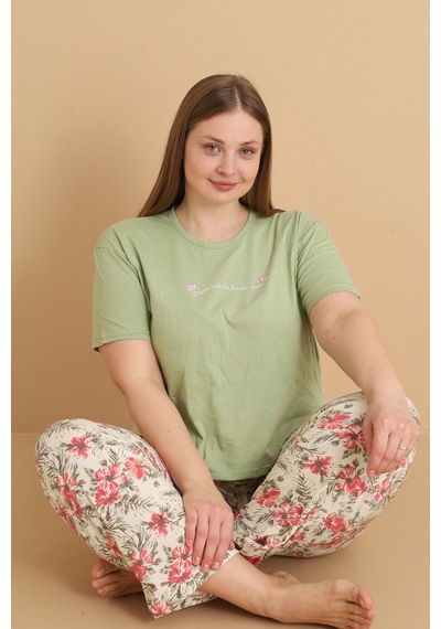 Wordex Mirano 4503 Çiçekli Kısa Kollu Pamuklu Penye Büyük Beden Kadın Pijama Takımı Yeşil Wordex Mirano 4503 Çiçekli Kısa Kollu Pamuklu Penye Büyük Beden Kadın Pijama Takımı Yeşil