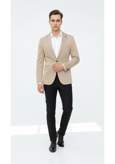 Plus Scorpion Bej Erkek İtalyan Kesim Blazer Ceket Kol Yamali, Slim Fit, Şık Ve Modern Tasarım Bej