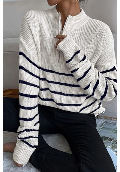 Tarz Cool Beyaz-siyah Kadın Oversize Fermuarlı Balıkçı Triko Kazak Beyaz-siyah