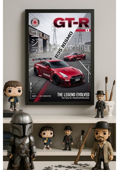 Nissan Gt-r R35 Nismo Siyah Ahşap Çerçeveli Poster, Dekoratif Araba Duvar Tablosu