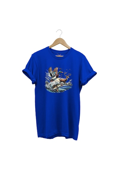 Avcılık Temalı Geyik, Ördek Ve Balık Tasarımlı %100 Pamuk Unisex Regular Fit T-shirt Mavi