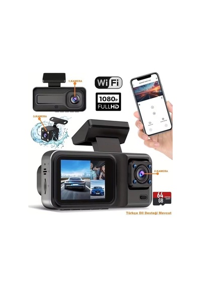 Buğz Üç Kameralı Ön Iç Arka Araç Içi Kamera Wifi Viidure App Mpıa Cc38 64gb