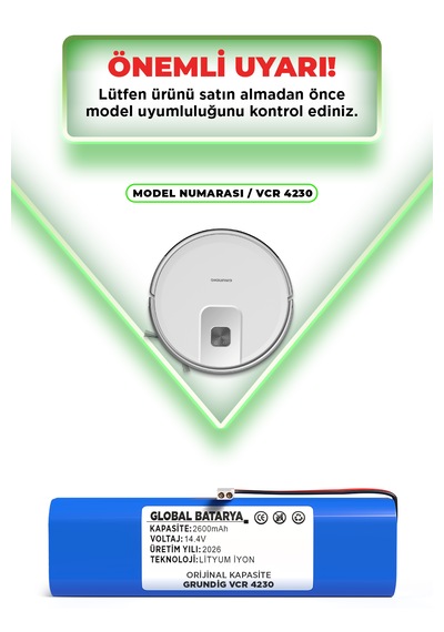 Grundig Vcr 4230 Uyumlu Robot Süpürge Bataryası 14.4v 2600mah Li-ion Pil  Kapasite