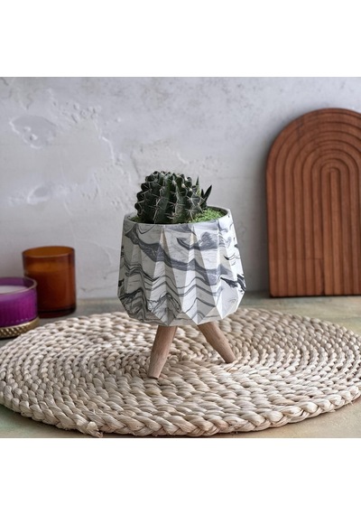 Modern Tasarım, El Yapımı Ahşap Ayaklı Antrasit Desenli Beyaz Beton Saksı - Minimalist Dekorati Belirtilmemiş