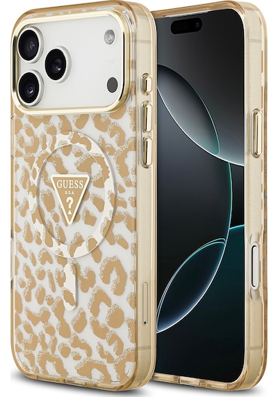 Apple Uyumlu iPhone 17 Pro Max  Kılıf Guess Lisanslı M-safeli Üçgen Logolu Simli Leopar Desenli Kahverengi Kahverengi