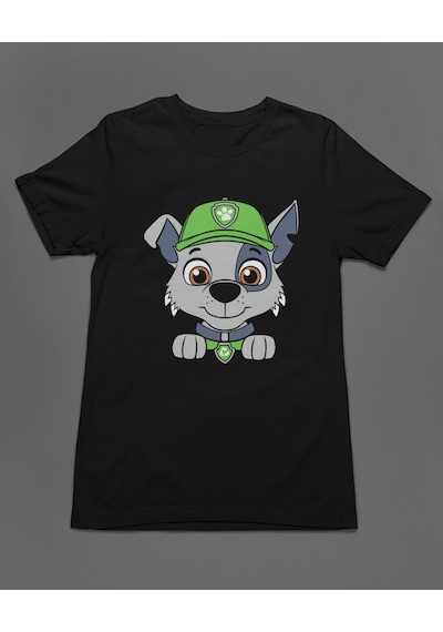 Bumeta Yeşil Şapkalı Kurtarıcı Rocky Paw Patrol Unisex Tişört T-shirt Siyah