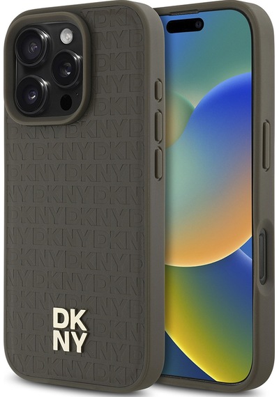 Apple Uyumlu iPhone 16 Pro Kılıf Dkny Lisanslı M-safe Şarj Özellikli 3d Yazılı Repeat Pattern Kapak Kahverengi