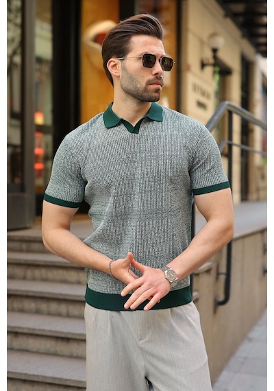 Madmext Nefti Yeşili Polo Yaka Regular Fit Erkek Triko Tişört E7496