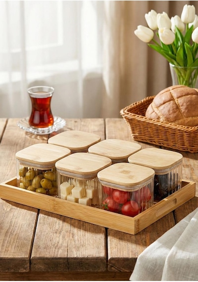 Cam Kahvaltı Takımı -bambu Kare Kahvaltılık 13 Parça, Çizgili Şeffaf