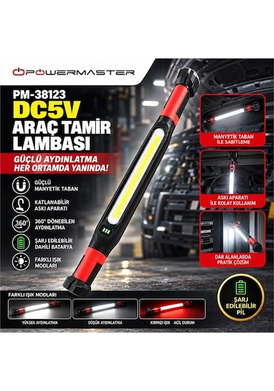 Pm-38123 Dc 5v Şarjlı Manyetik Taban Askı Aparatı Çoklu Işık Modu Araç Tamir Lambası