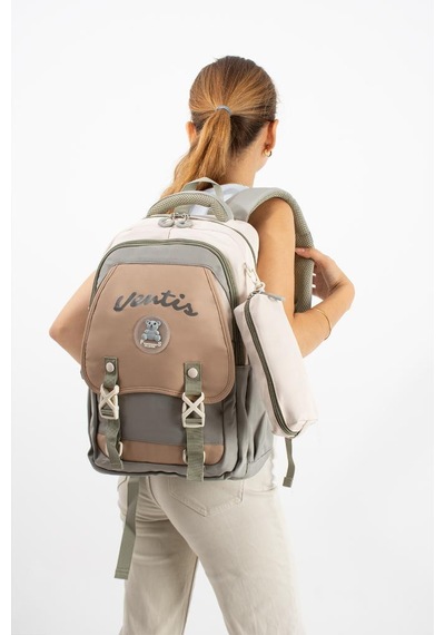 Ventis Unisex Okul Çantası Lise Ortaokul 2'li Set Kalemlikli Sırt Çantası 43 30 Cm Çok Cepli Vnt1-d Bej