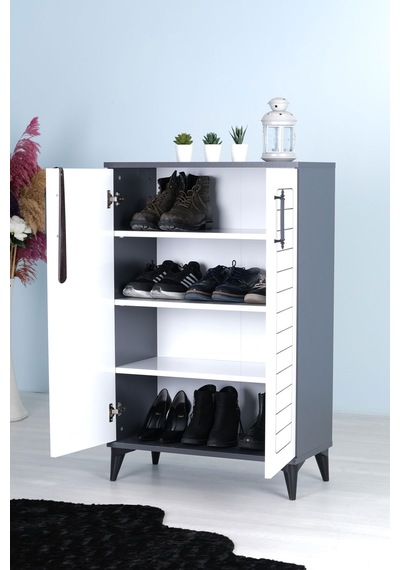 Luna 2 Kapaklı 4 Bölmeli Modern Ayakkabılık - Beyaz / Antrasit