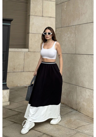WeShaya Kadın Siyah & Beyaz Color Block Desen,beli Lastikli, Rahat Kalıp, Cepli Uzun Etek Siyah