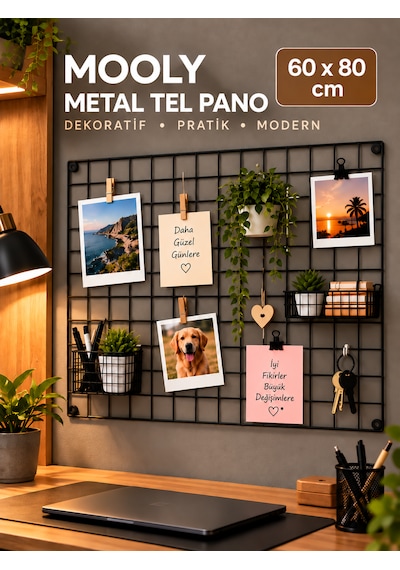 Mooly 60x80 Cm Siyah Metal Tel Pano, Fotoğraf Askısı, 4 Adet Montaj Hediyeli