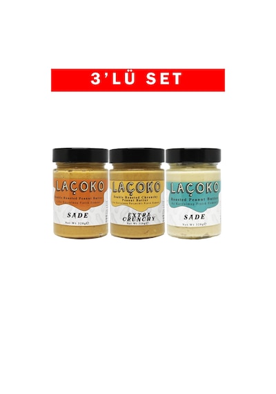 Laçoko Çifte Kavrulmuş Çifte Kavrulmuş Parçacıklı Fıstık ve Az Kavrulmuş Fıstık Ezmesi 3 x 320 G