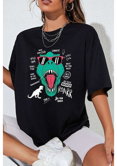 Unisex T - Rex Baskılı T-shirt Siyah