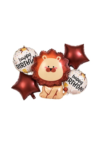 5 Li Aslan Temalı Happy Birthday Folyo Balon Seti Safari Ve Orman Konseptli Parti Süsü Kahverengi