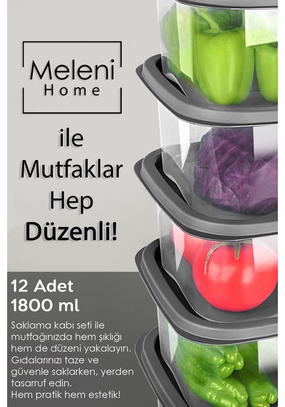 Meleni Home Kare Erzak Gıda Saklama Kabı Mikrodalga Derin Dondurucu Saklama Kabı Antrasit 1800 ML 12 Adet