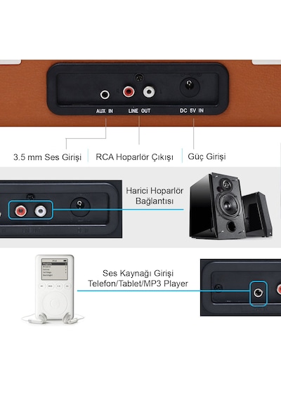 Record Master T310CH Pikap Plak Çalar - Şarj + Bluetooth - 33, 45, 78 Devir - Universal Iğneli - Kahverengi