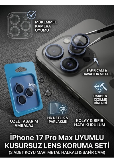 Apple iPhone 17 Pro Max Uyumlu Kamera Koruyucu Lens Lacivert
