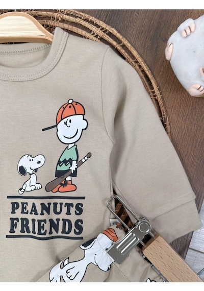 Bisiklet Yaka Peanuts Friends Baskılı Alt Üst Pijama Takımı 4bb2 Krem