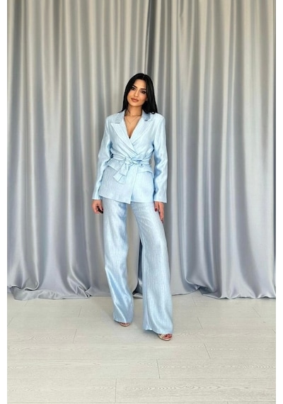 Defymoda Mavi Beli Kuşaklı Ceket Ve Pantolon Parlak Takım Mavi