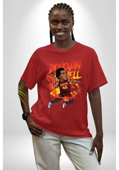 Donovan Mitchell Basketbol Karikatür Pamuklu Bisiklet Yaka Unisex Oversize Boyfriend Dijital Baskılı Kırmızı T-shirt Kırmızı