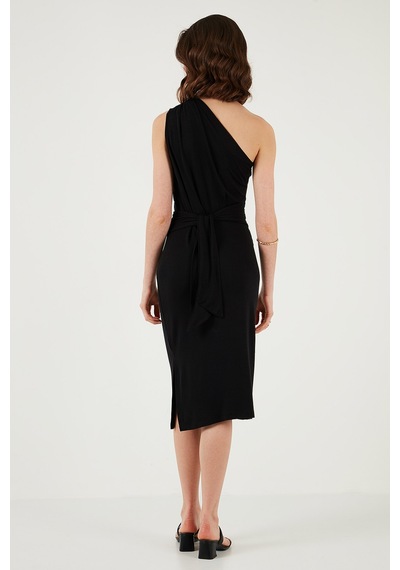 Lela Slim Fit Tek Omuzlu Yırtmaçlı Bağlama Detaylı Midi Bayan Elbise 5866272 Siyah