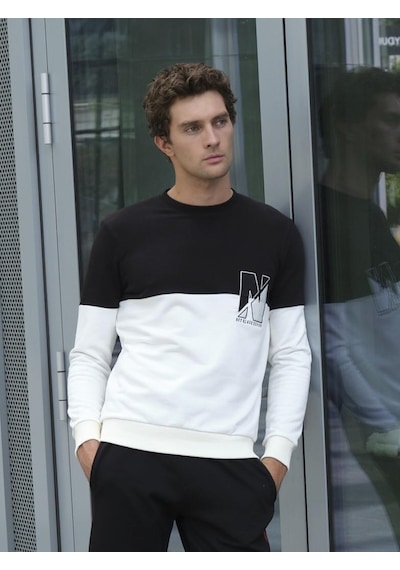 Beyaz Erkek Bisiklet Yaka Logo Nakışlı 3 İplik Çift Renk Sweatshirt Ncs Jeans 1624-beyaz Beyaz