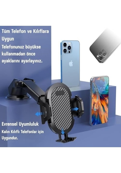 Araç Telefon Tutucu 360 Dönebilir Vantuzlu, Şok Emici, Tek Tuşla Sabitleme, Ultra Güçlü Vakum, 4.7 7 Telefonlar İçin Uyumlu
