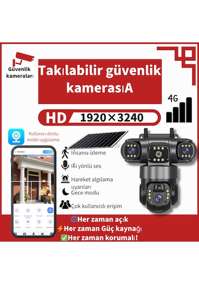 Güneş Enerjili 9mp Kamera: 3 Lens, Ptz, Sım Kart, İki Yönlü Ses. Kurulumu Özgür, Güvenliği Eksiksiz