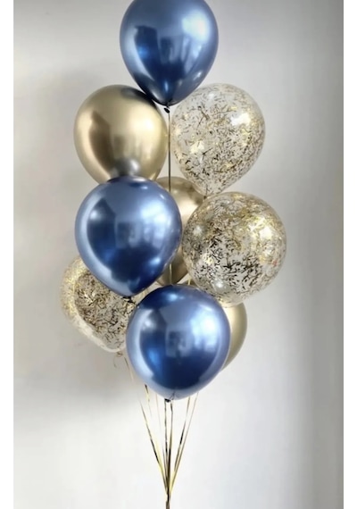 10 Adet 12 Inç Krom Gold Krom Mavi Ve Konfetili Karışık Balon Çok Renkli