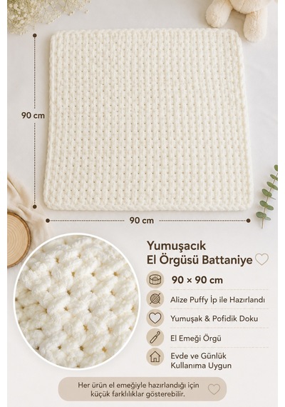 Alize Puffy Tek Battaniye 90x90 Cm Yumuşak Pofidik Örgü Bebek Yetişkin Battaniyebeyaz Krem