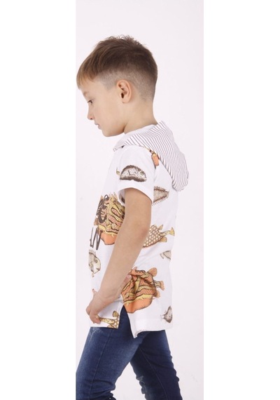 Toontoy Kids Toontoy Erkek Çocuk Balık Baskılı Kapüşonlu Tişört Beyaz