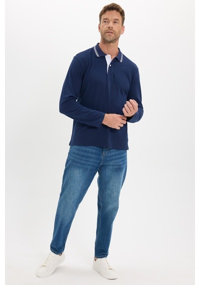 Tudors Erkek Slim Fit Dar Kesim %100 Pamuk Uzun Kollu Lacivert Polo Yaka Tişört-52783
