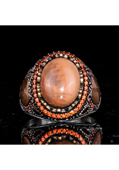 Erkekler İçin 925 Ayar Gümüş Yüzük - Gerçek Doğal Opal Taşı İle El Yapımı Sultan Desenli Tasarım Gümüş