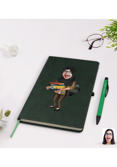 Kişiye Özel Tesettürlü Kadın Öğretmen Karikatürlü Yeşil Termo Der N11.1760