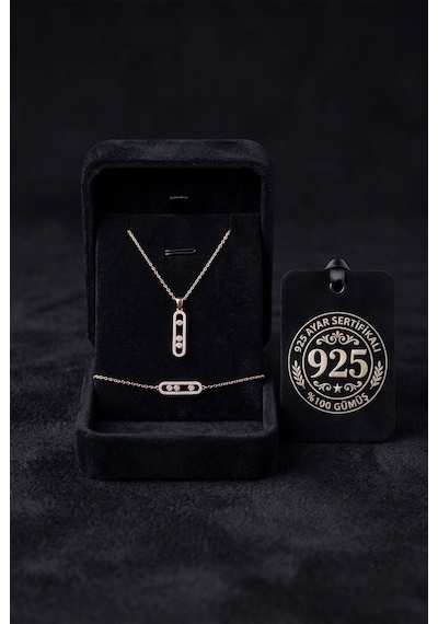 925 Ayar Gümüş Zirkon Taşlı Rose Işıltılı Özel Tasarım Modern Kolye Bileklik 2'li Takı Seti Rzs10084